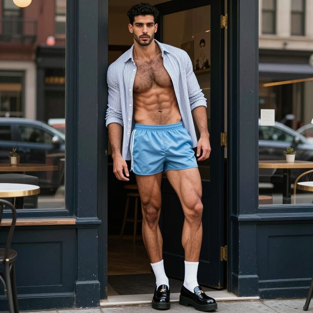 Athletic Arabic Man Poses in Brooklyn Cafe Doorway