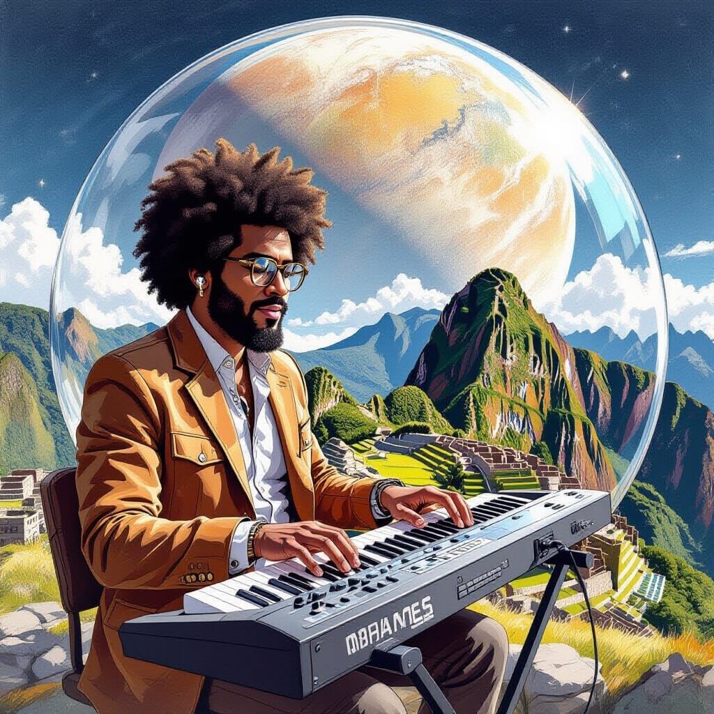 Musician in Bubble over Machu Picchu: Colored Pencil