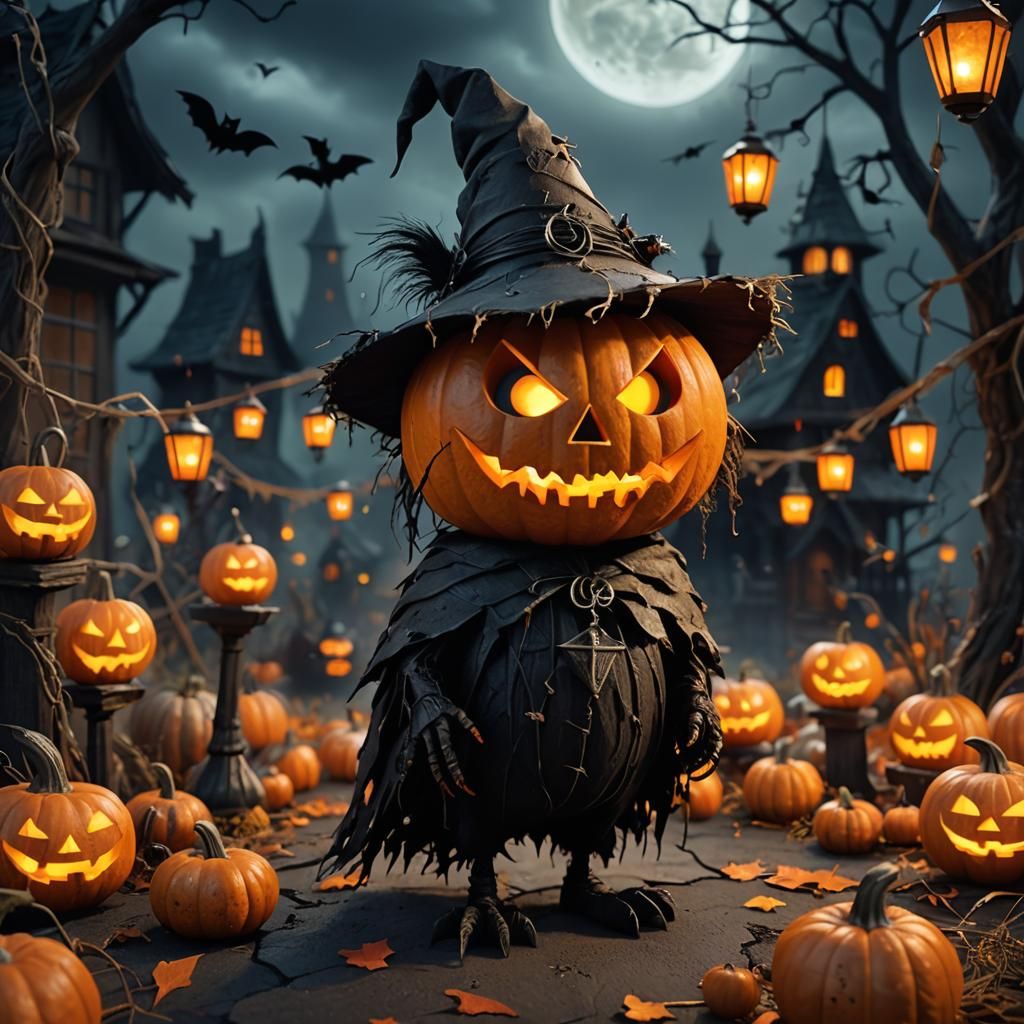 Eerie Pumpkin Witch with Black Cat: 3D Anime Halloween