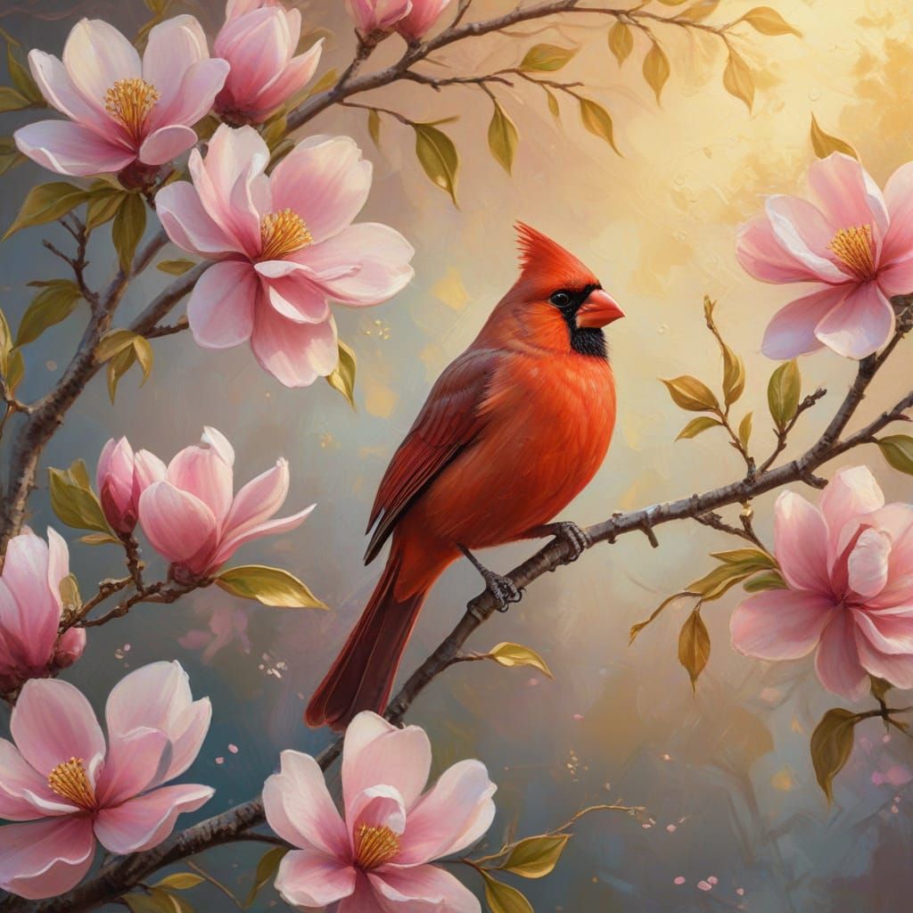 Vibrant Oil Painting Of Cardinal On Magnolia Branch