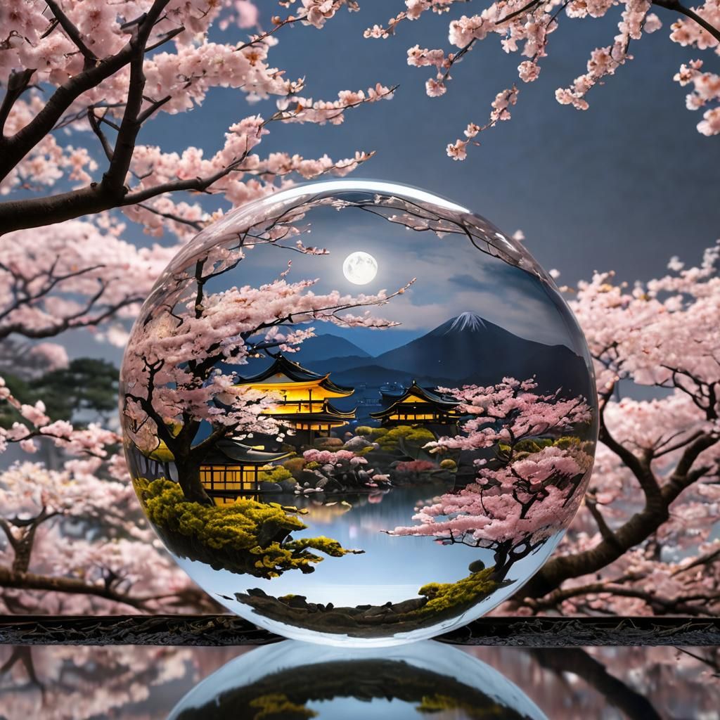 Glass Sphere Encapsulating Japanese Sakura Garden at Night