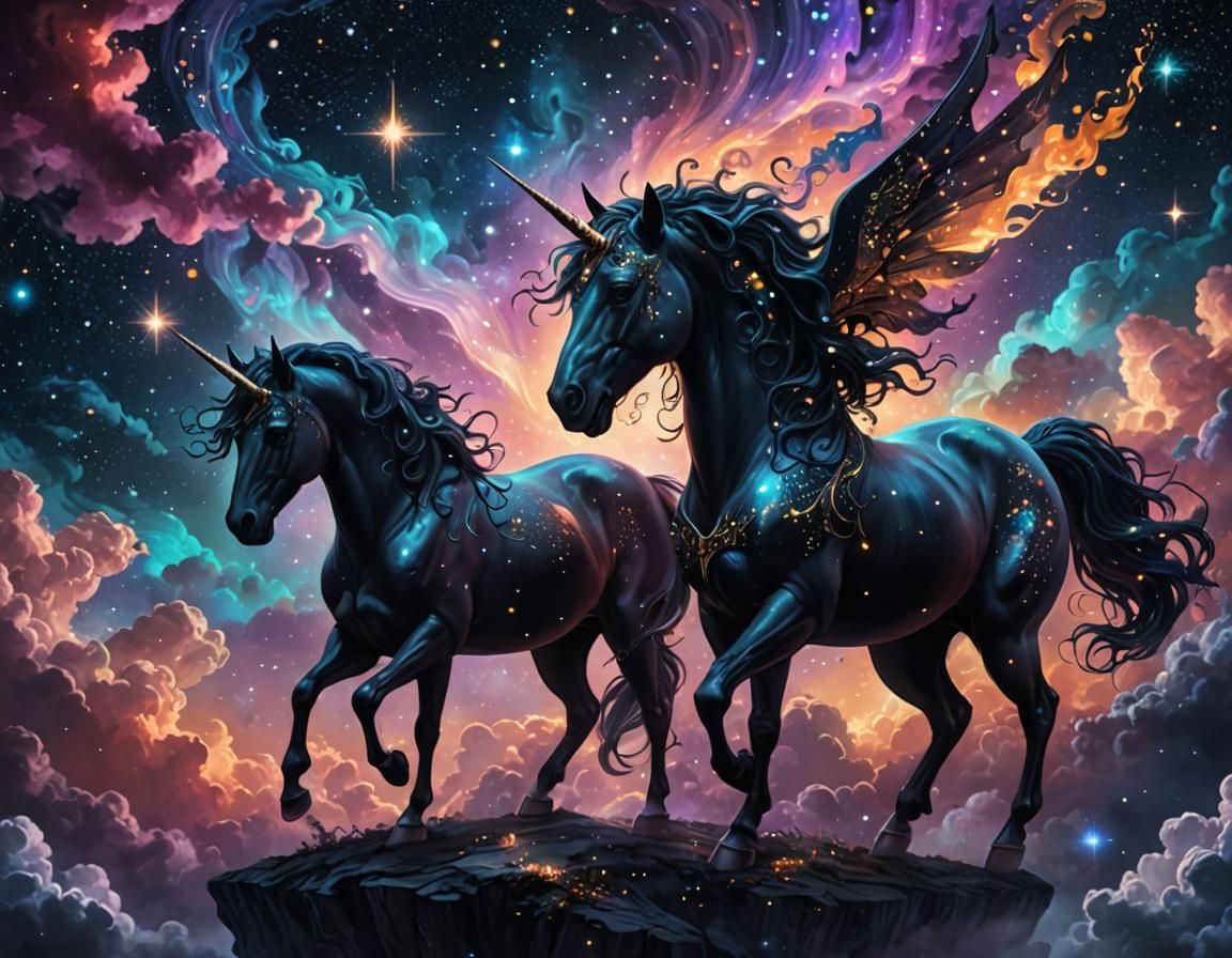 Dark Fairy and Unicorn in Starry Night Sky
