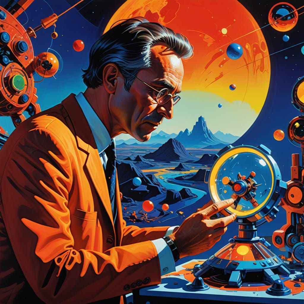 Scientist Examines Alien Artifact in Vibrant Oil Painting