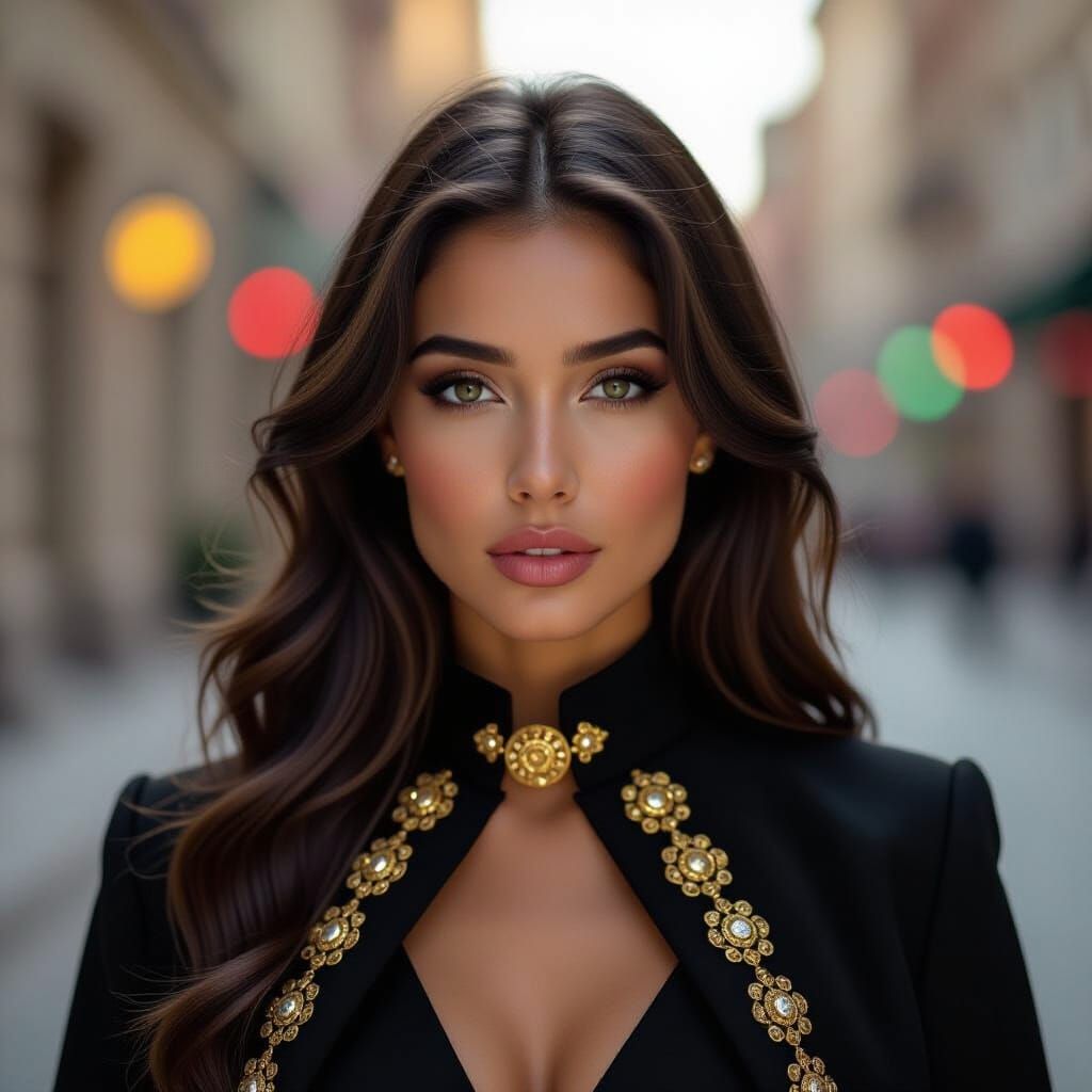 Powerful Young Woman in Dark Cape with Golden Sword