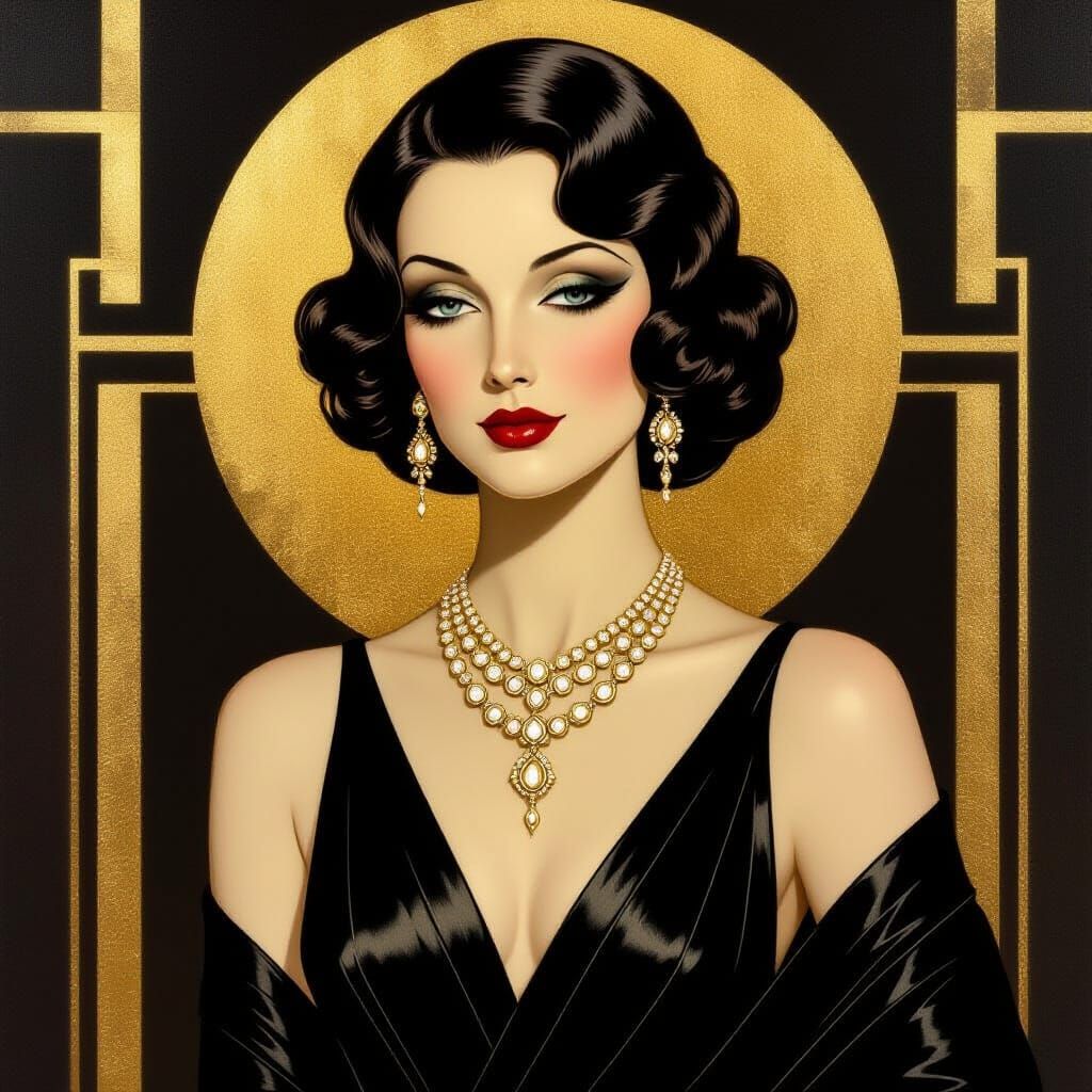Art Deco Portrait of Elegant Woman in Gold and Black