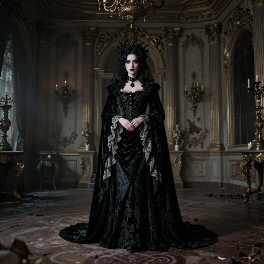 Regal Figure in Decaying Ballroom, Gothic Romance Art