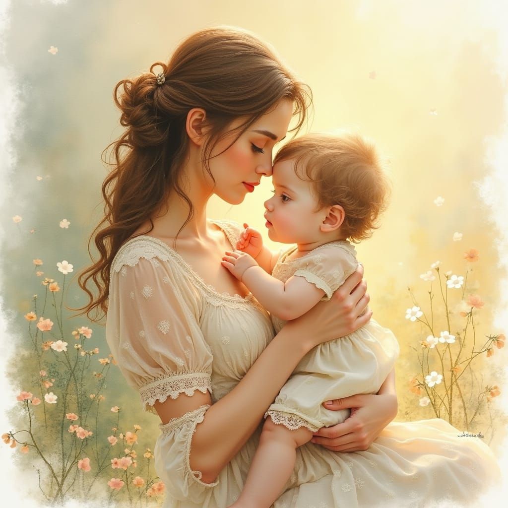 Whimsical Watercolor Mother and Child in Gentle Embrace