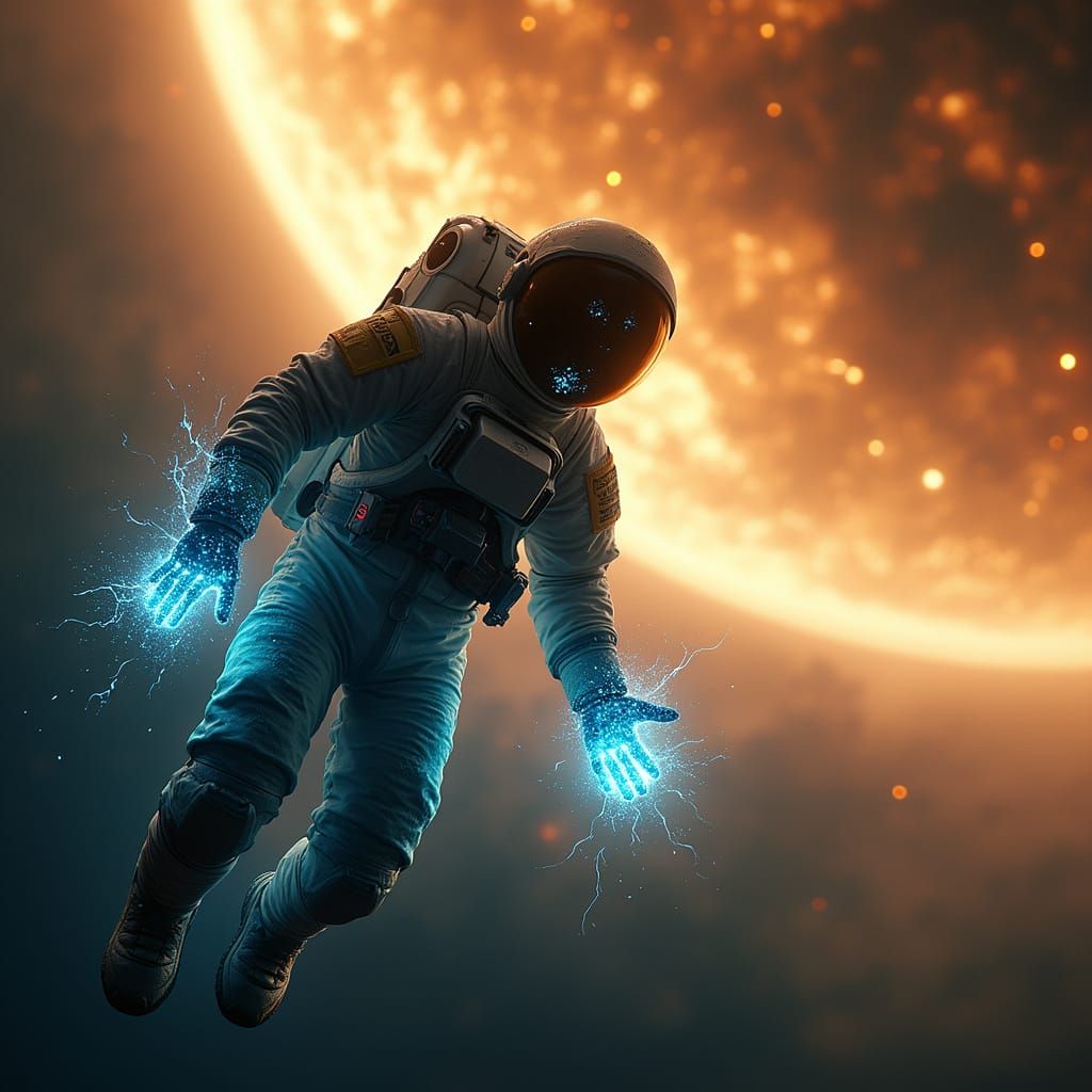 Astronaut's Ephemeral Dance Among Cosmic Ruins
