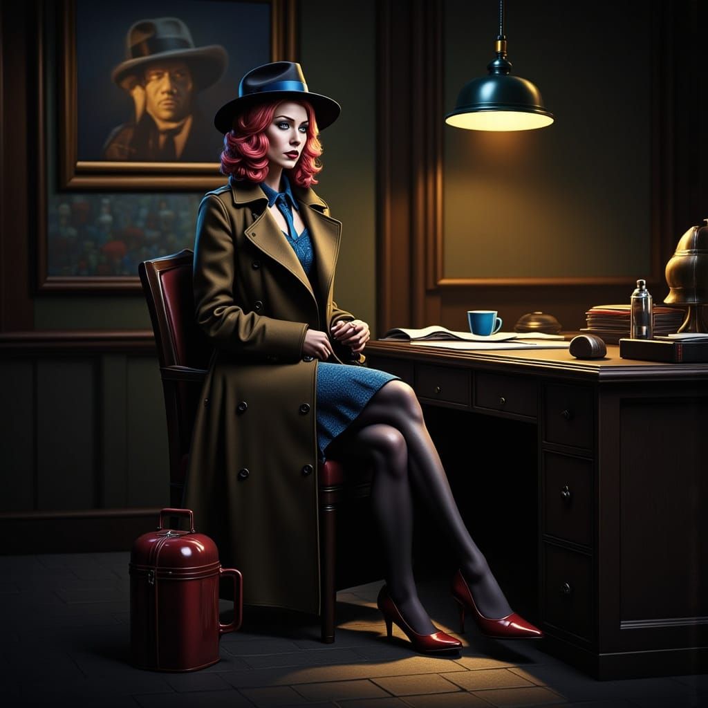 Film Noir Harley Quinn in Office, Photo-Realistic