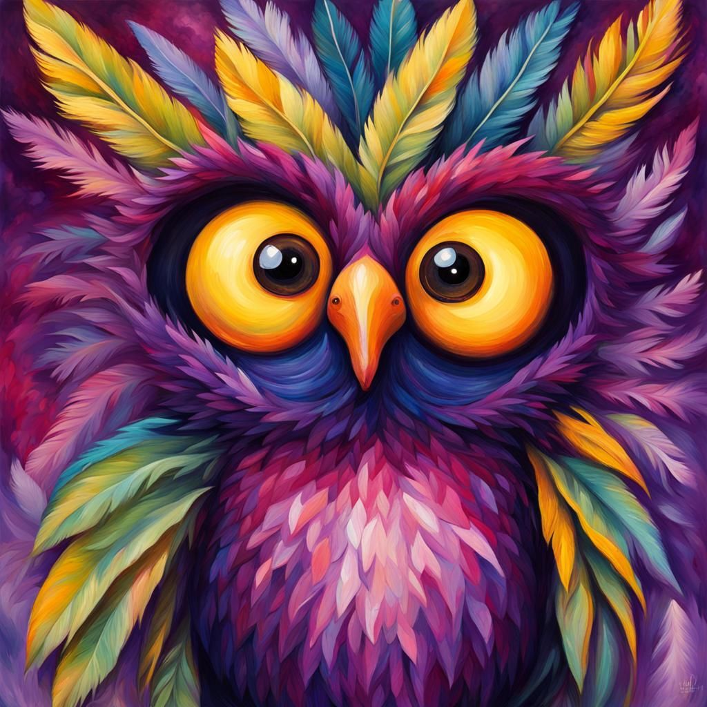 Whimsical Feathered Tropical Forest Creature :: Quirky Folk Style :: Dark Purple Sage Cranberry Color Palette Outer Glo...