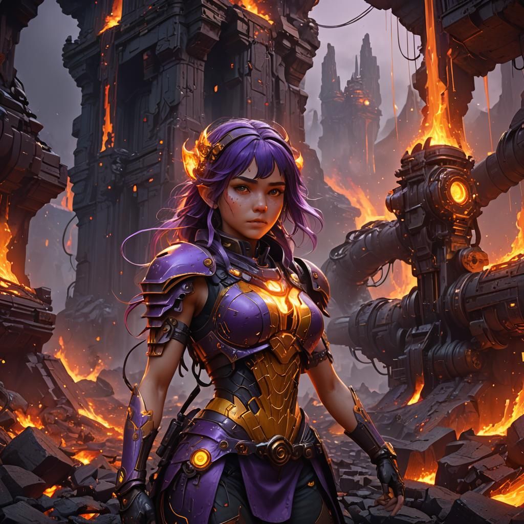 Dark Fantasy Girl Amid Lava and Machines