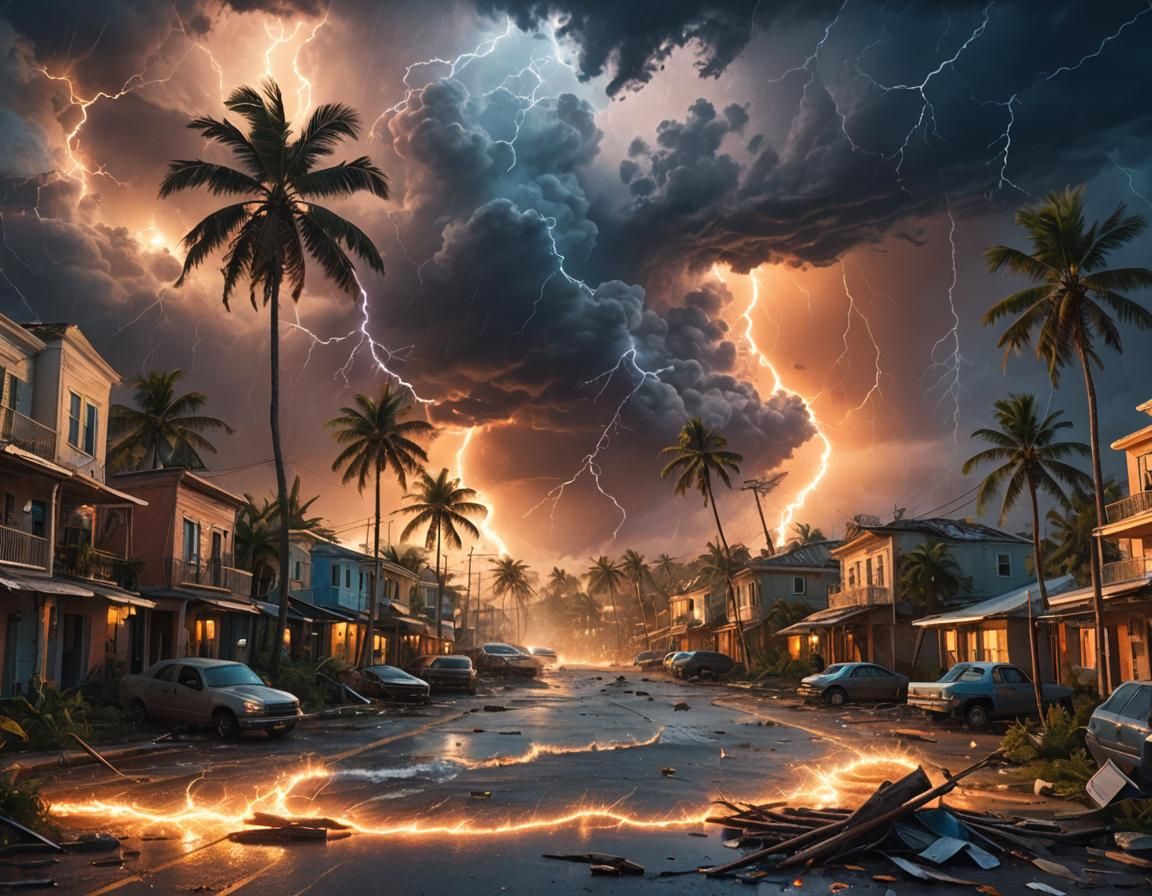 Tropical Town Ravaged by Hurricane: Digital Illustration
