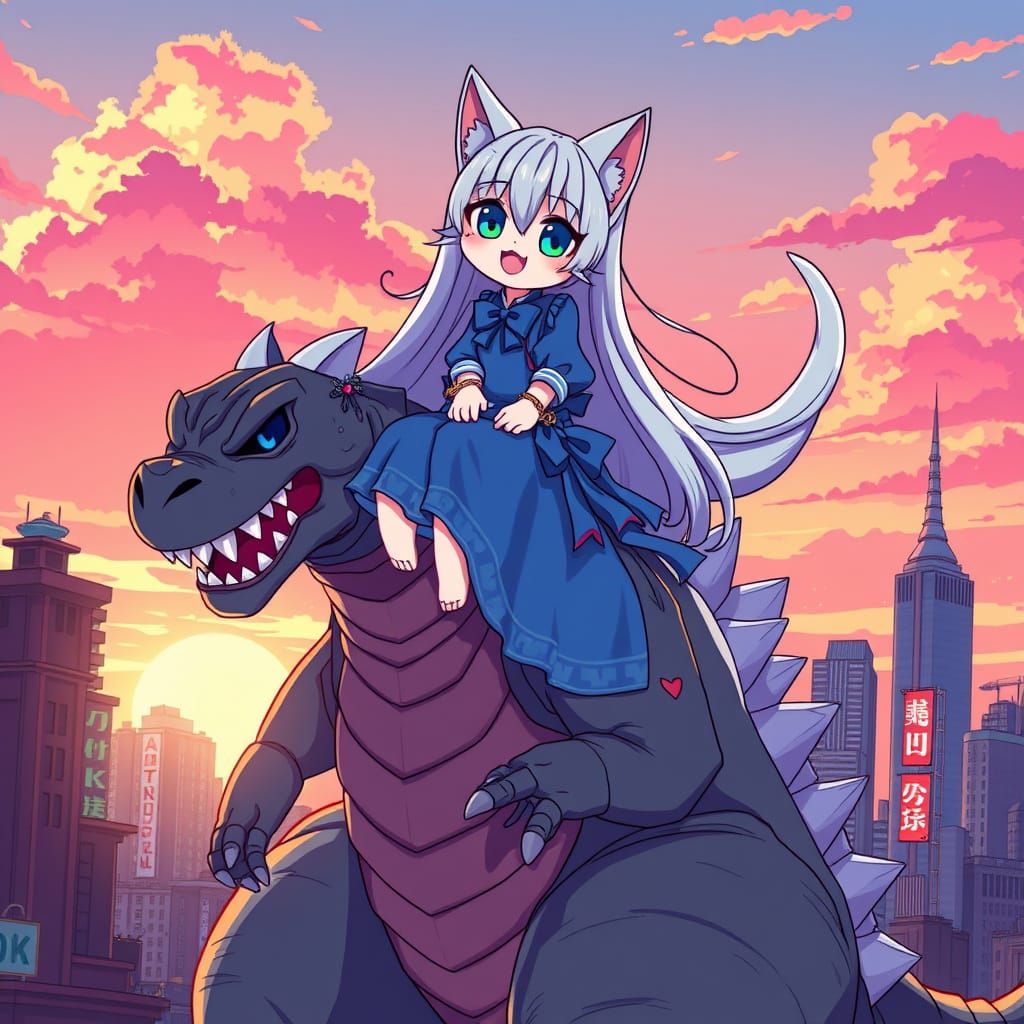 Surreal Anime Catgirl Rides Godzilla Through Tokyo Sunset