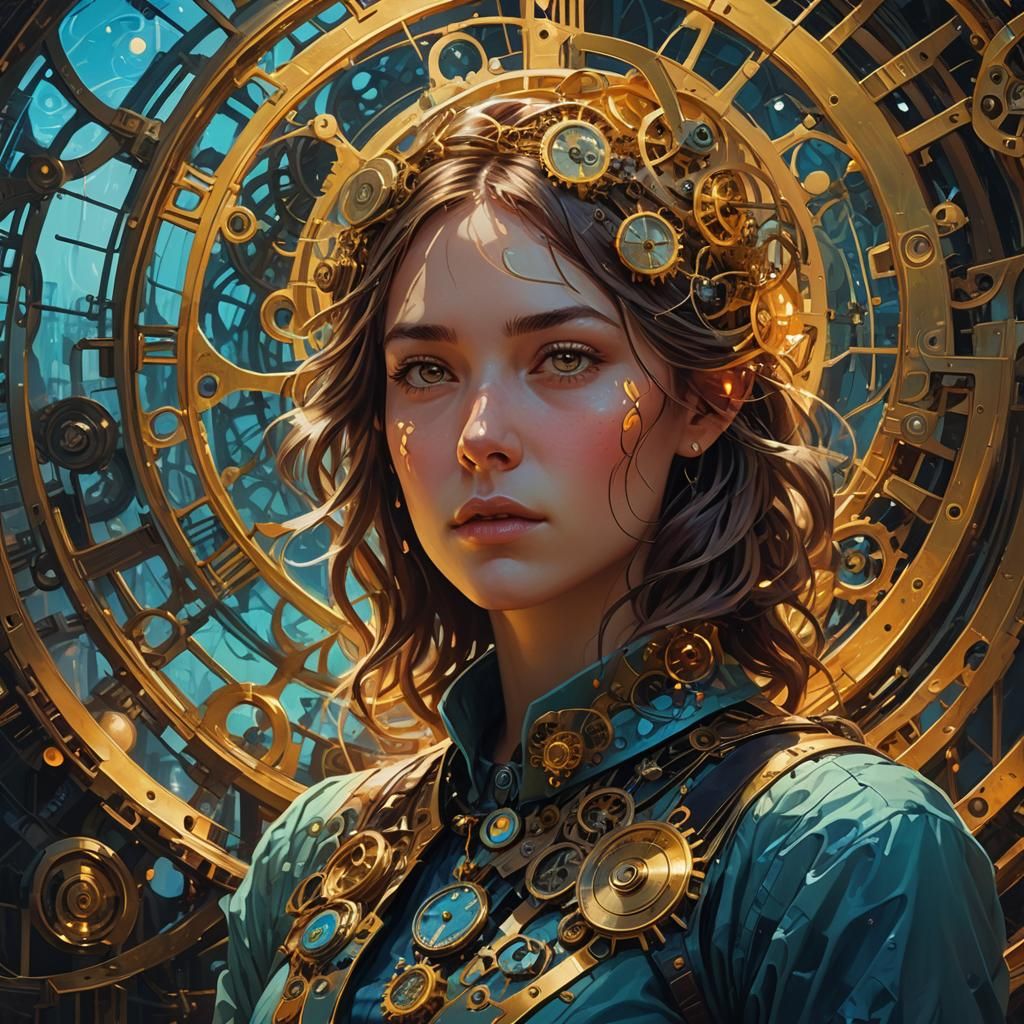 Dreamlike Portrait with Clockwork, Oil Painting