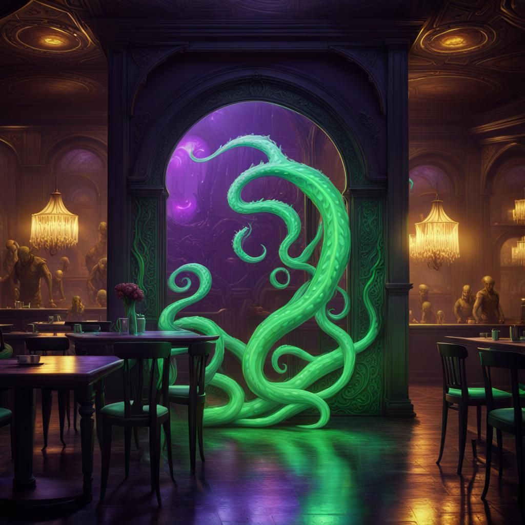 Green Portal Tentacles in Cafeteria: Dark Fantasy Art