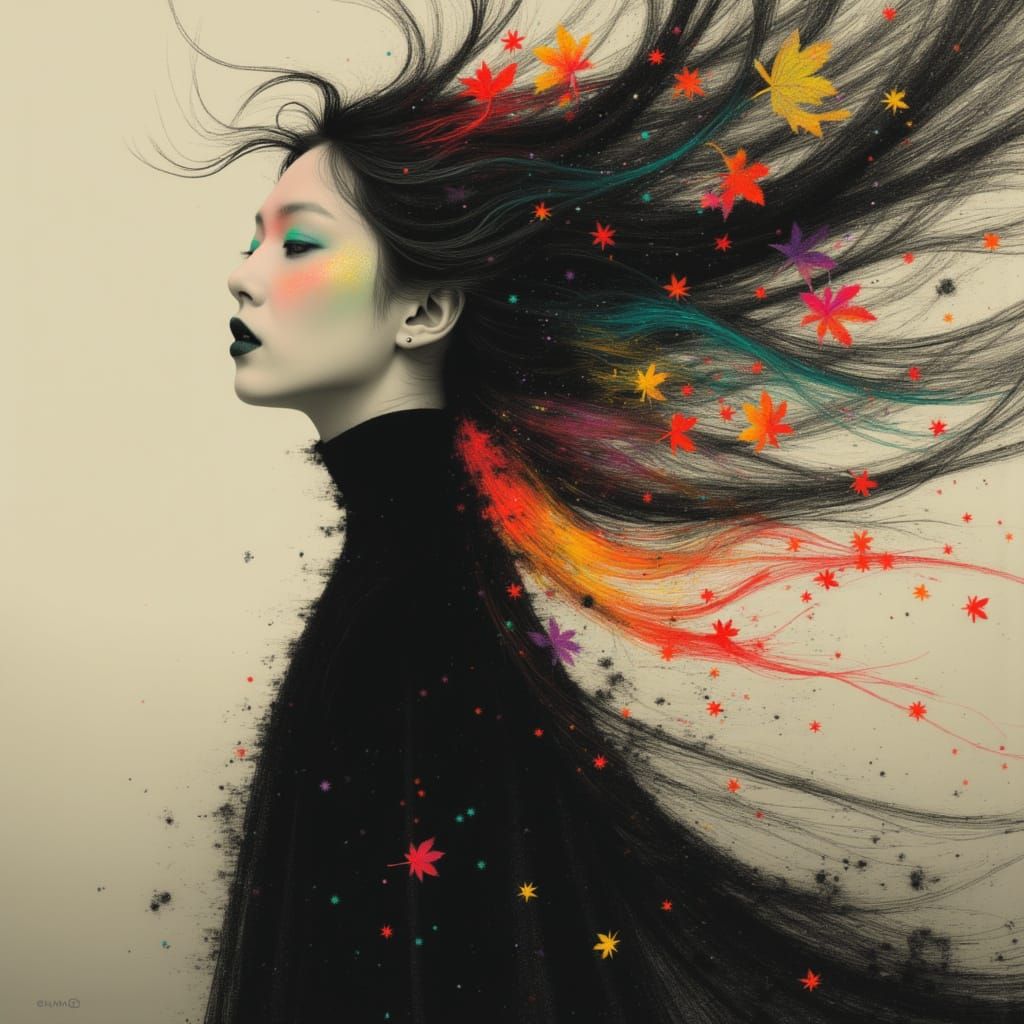 Japanese Woman with Autumn Leaves and Fractal Dress