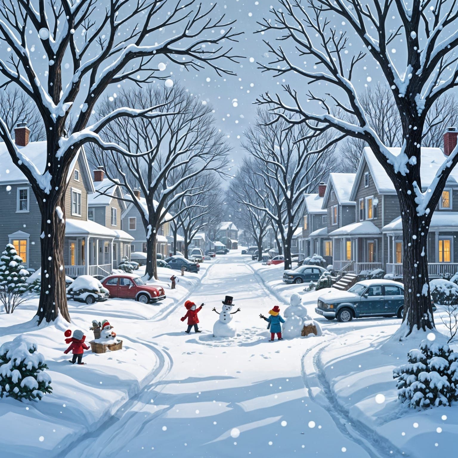 Snowy Monday Neighborhood with Bare Trees and Children Playi...