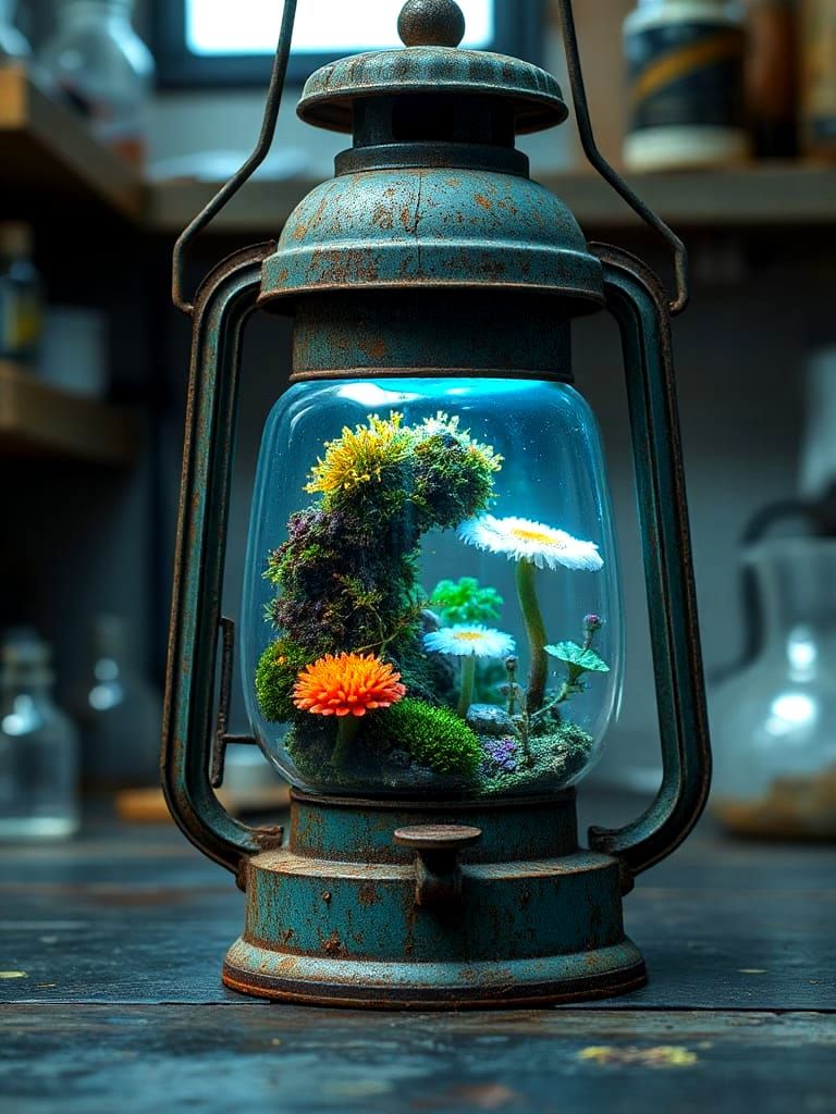 Teal Lantern Microworld: Bioluminescent Fungi in Glass