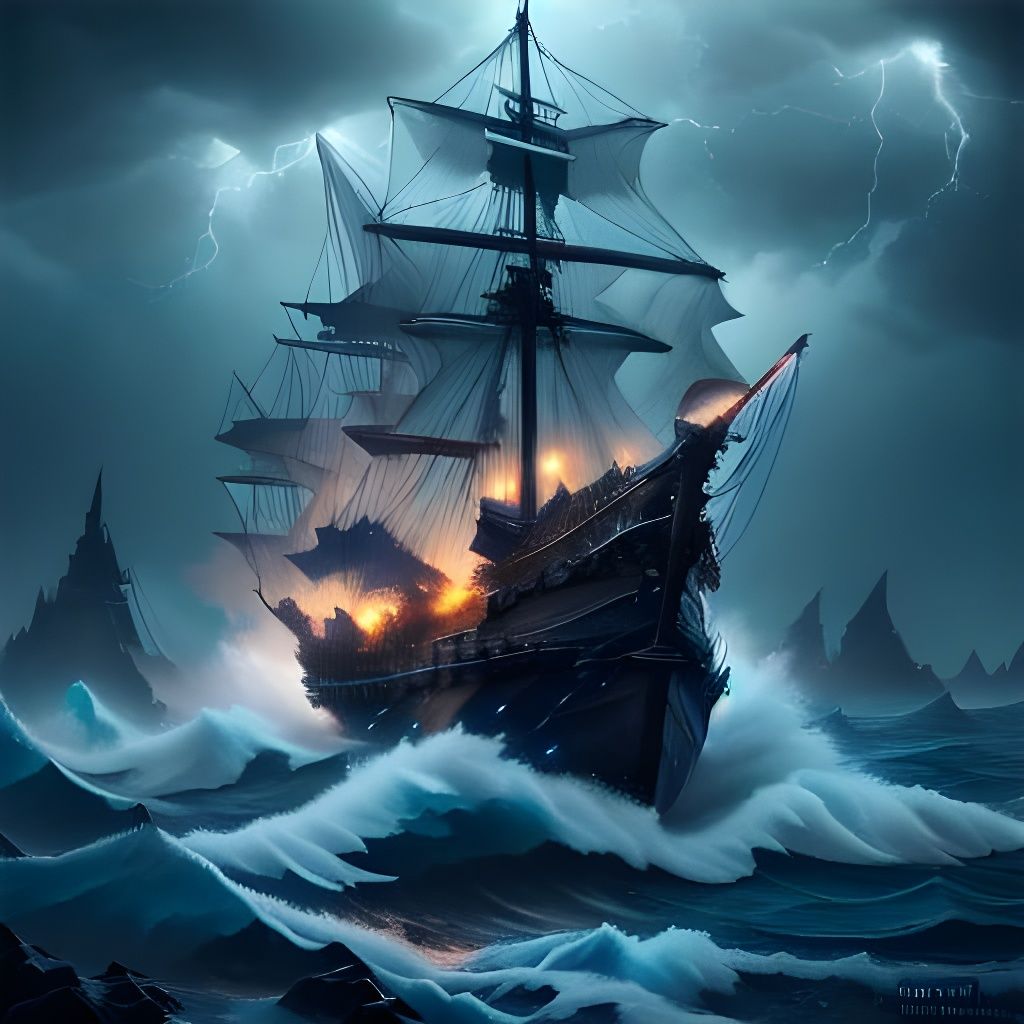 Stormy Seas: Ship Tossed by Winds with Swinging Rope Ladder