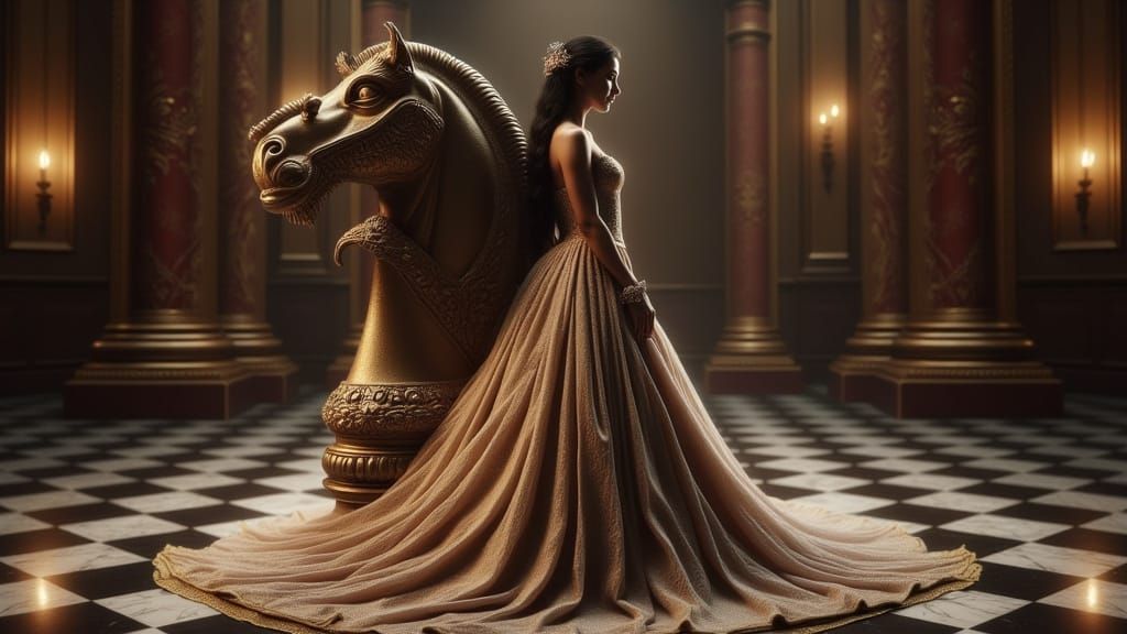 Attractive Woman Leans Against Giant Chess Knight in Elegant...