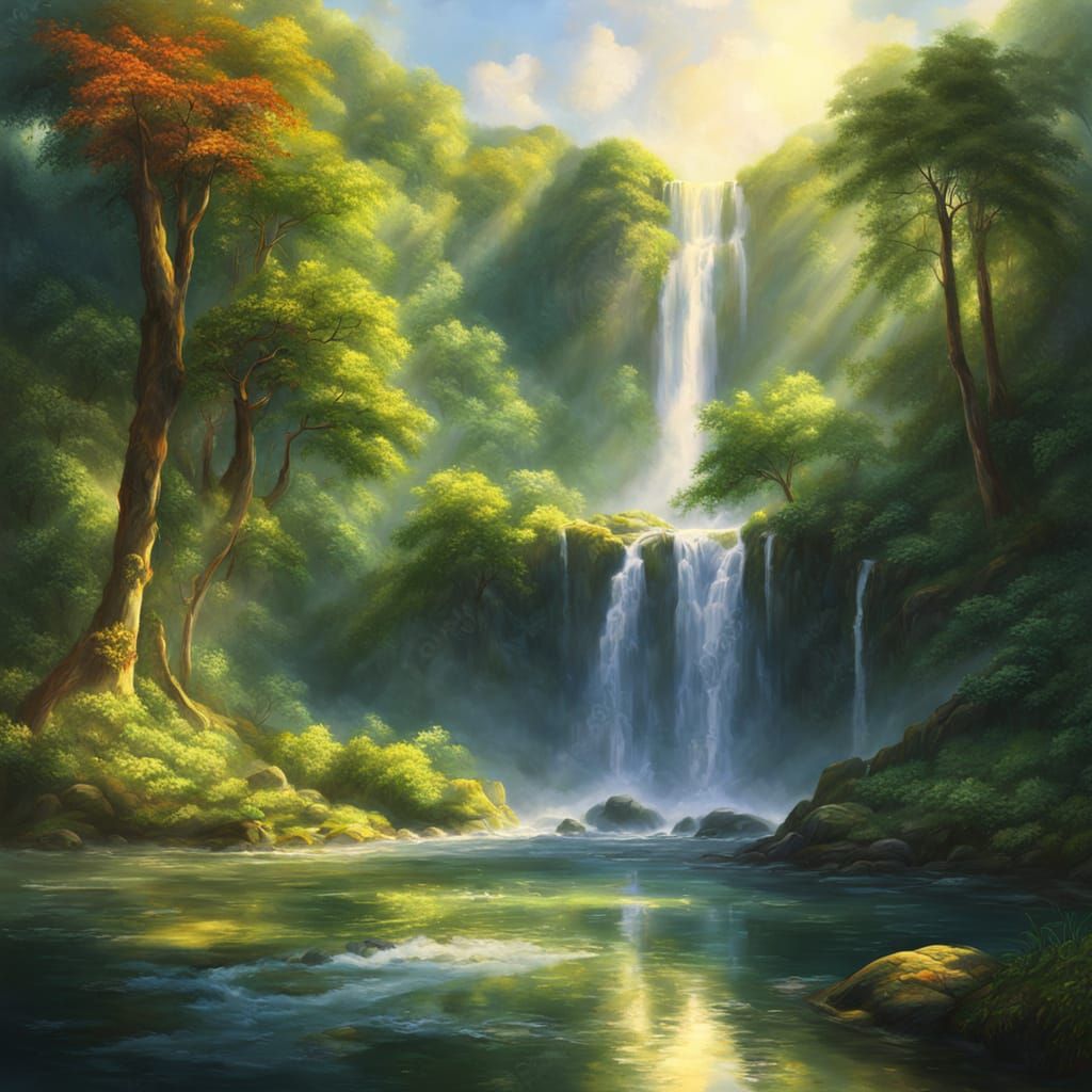 Heart Island Waterfall in Renaissance Oil Painting