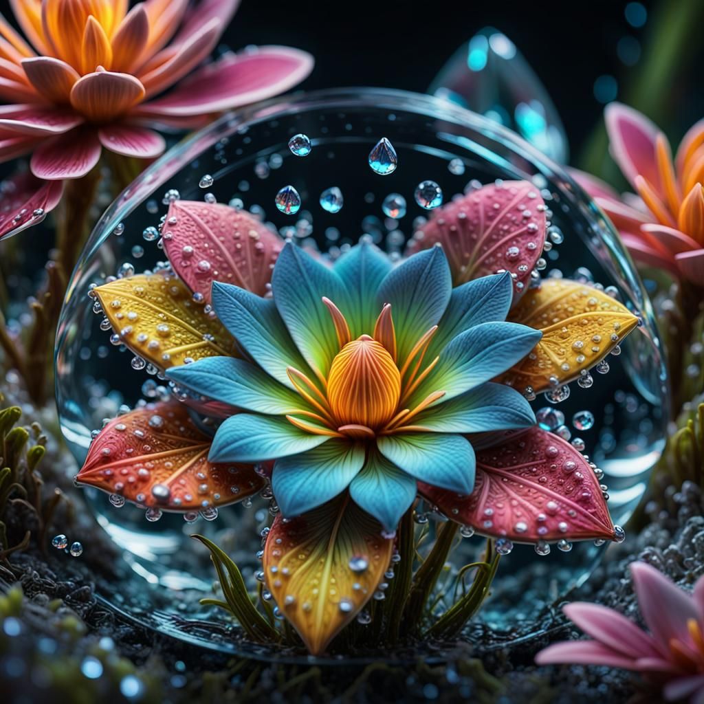 Bioluminescent Diamond Water Drop with Tropical Flowers