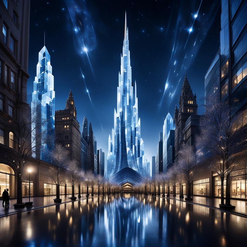 Buildings like giant crystal trees that reach towards the sk...