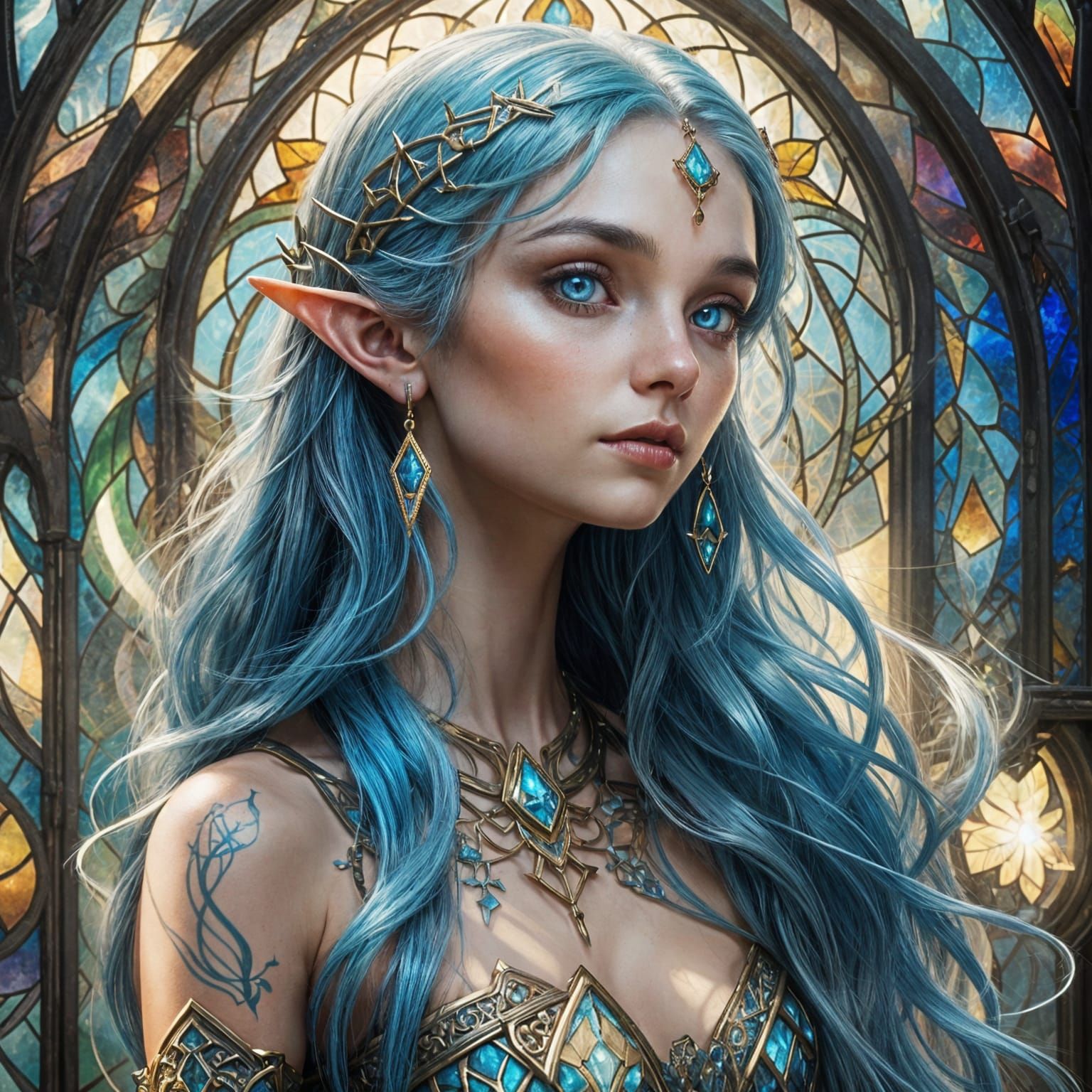 Medieval Blue-Haired Elf Portrait in Art Nouveau Style