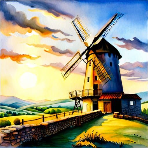 Ethereal Windmill in Hyperrealistic Watercolor Style
