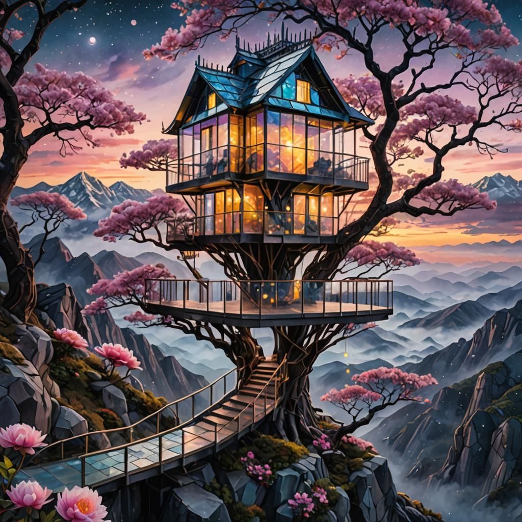 Luminous Glass Treehouse Above Cherry Blossom Sunset