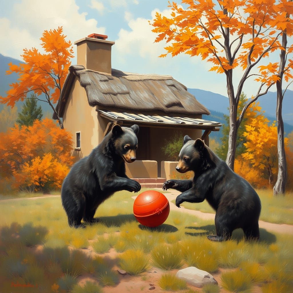 Bear Cubs Play With Red Ball In Autumn