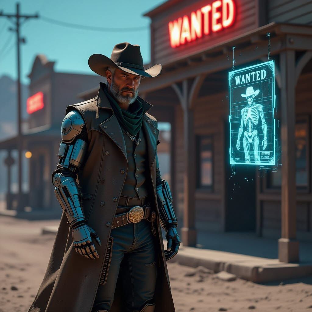 Cyberpunk Cowboy in Neon Western Town