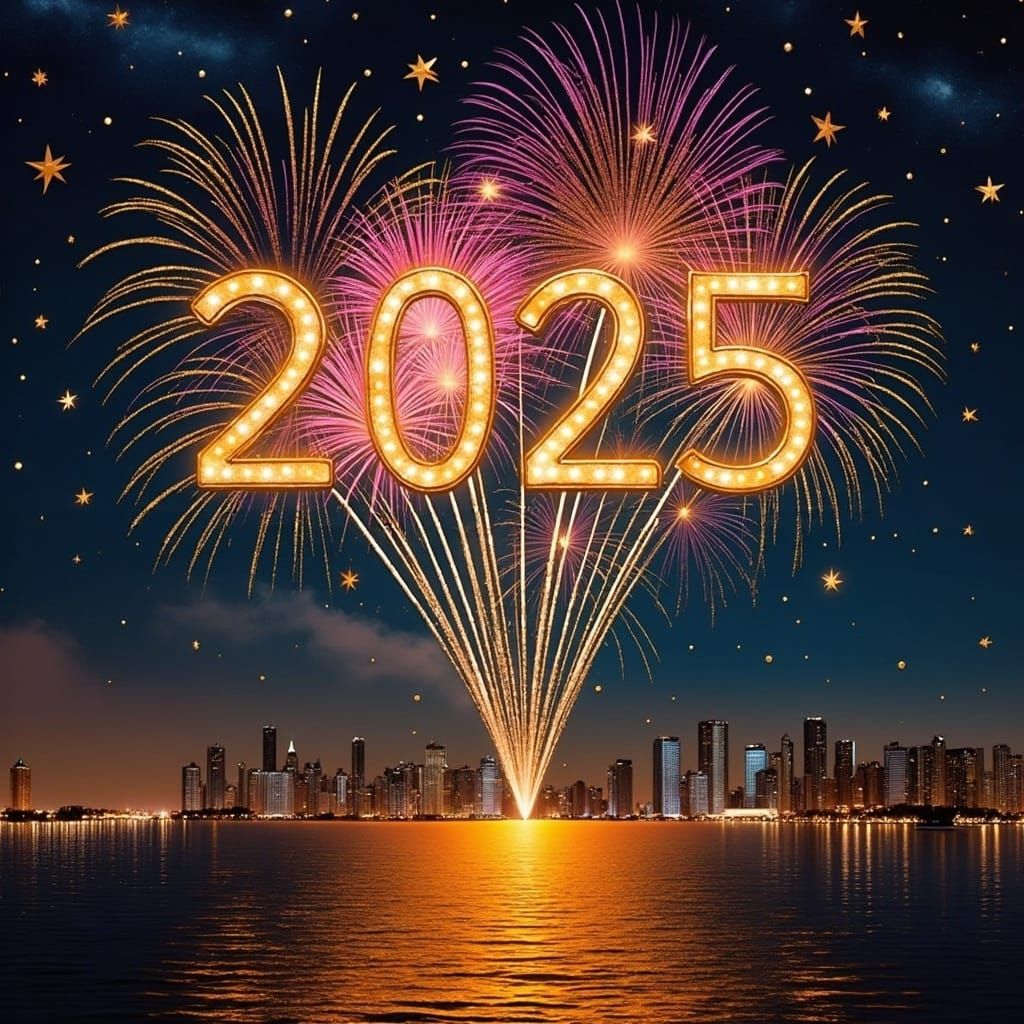 New Year's Fireworks in Vibrant Gold and Pink against City L...