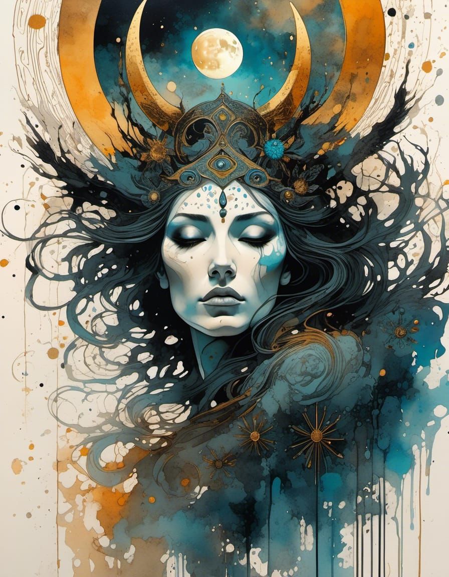 Psychedelic Moon Goddess Tarot Card in Impasto Style