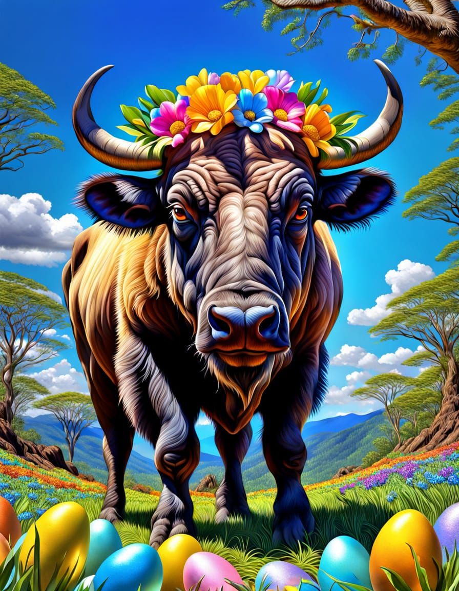 Easter Buffalo in Vibrant Rainforest Wonderland