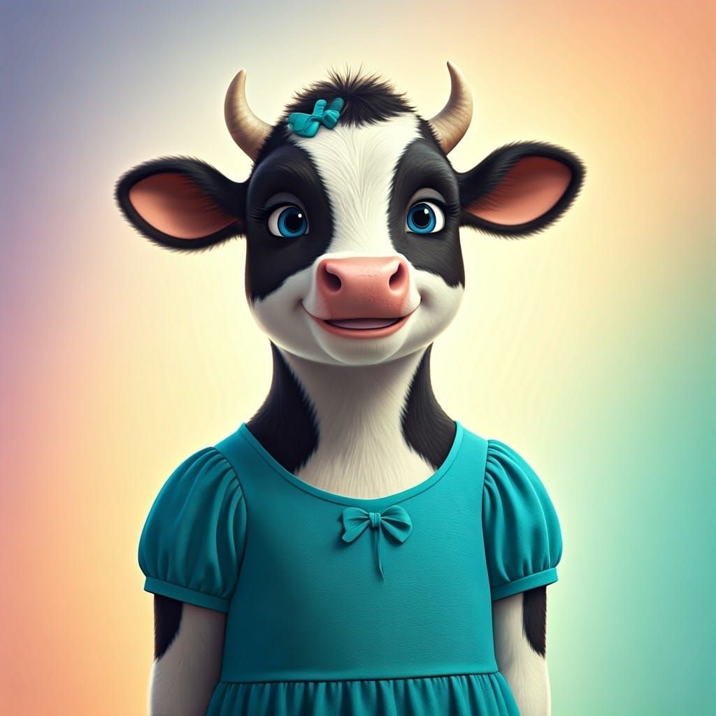 Cow in Teal Dress, Pixar-Style 3D Render