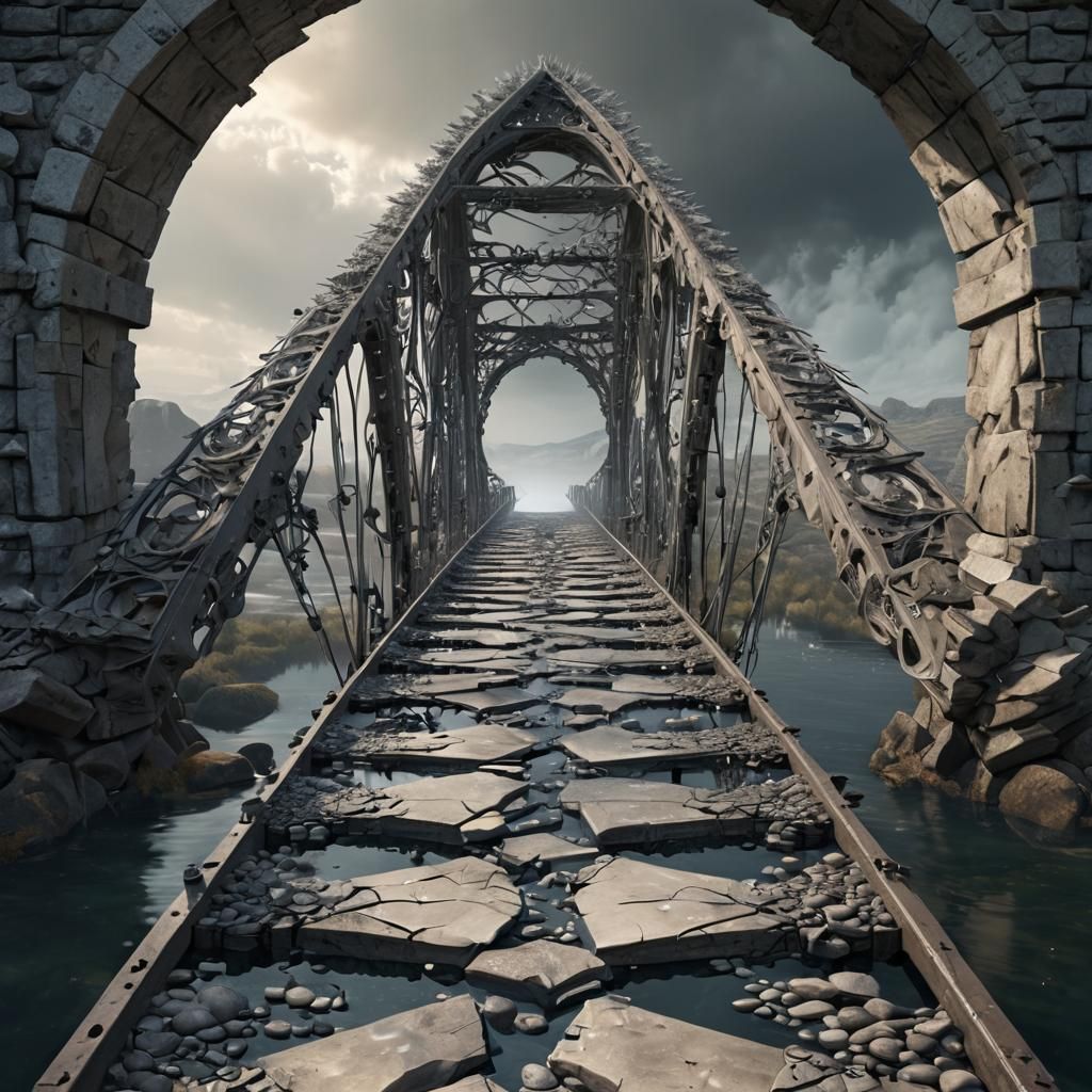 Fractal Ghost Bridge Over Post-Apocalyptic River