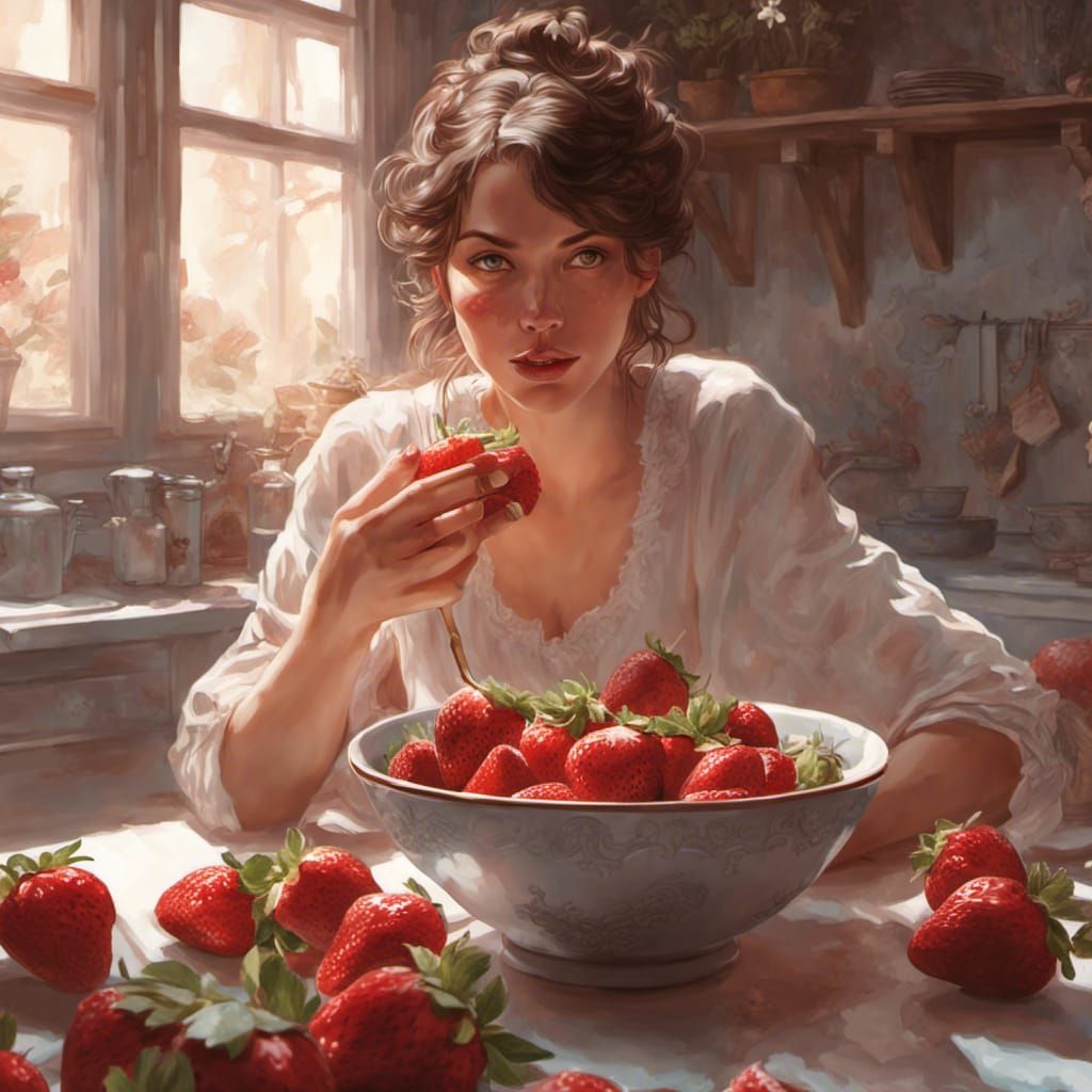 Woman Enjoys Strawberries and Cream: Hyperdetailed Portrait
