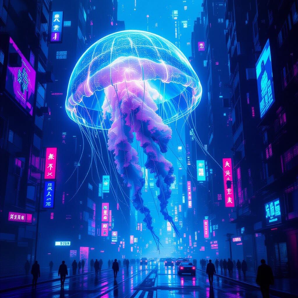 Bioluminescent Jellyfish in Neon Cityscape