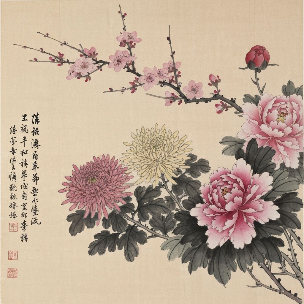 Chrysanthemums, cherry blossoms, and peonies