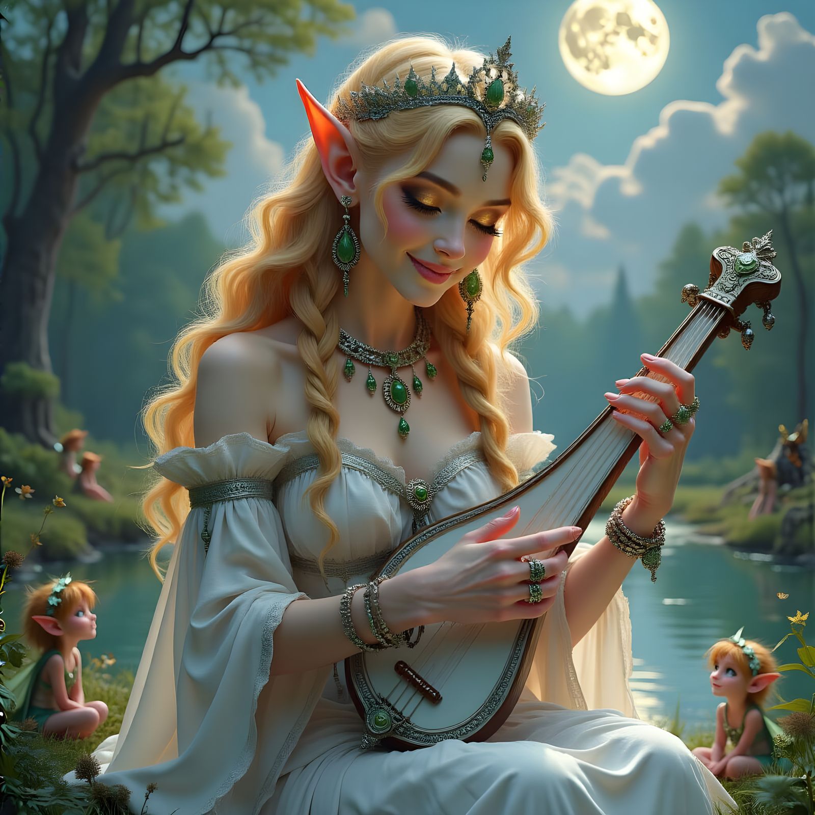 Elf Playing Lyre Under Moonlight in Fantasy Forest