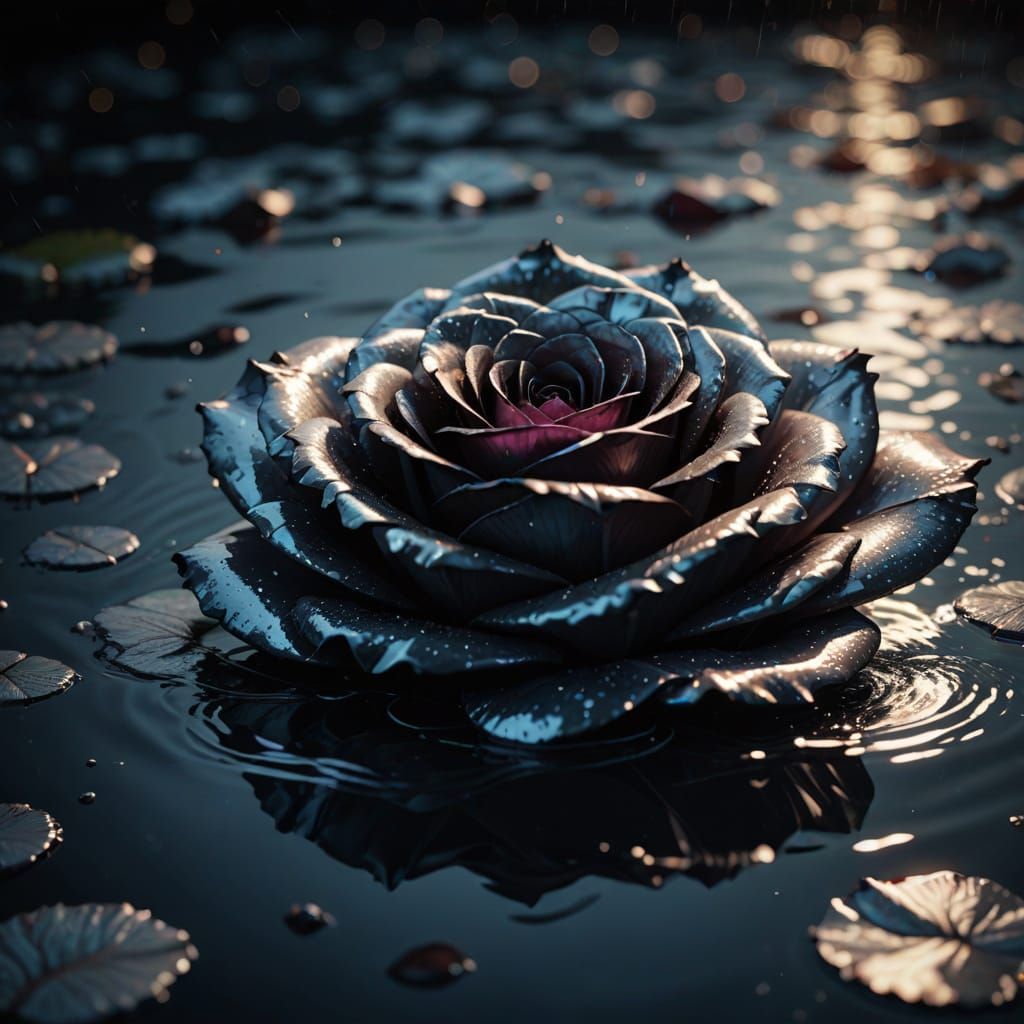 Ethereal Black Rose on Shimmering Black Ocean