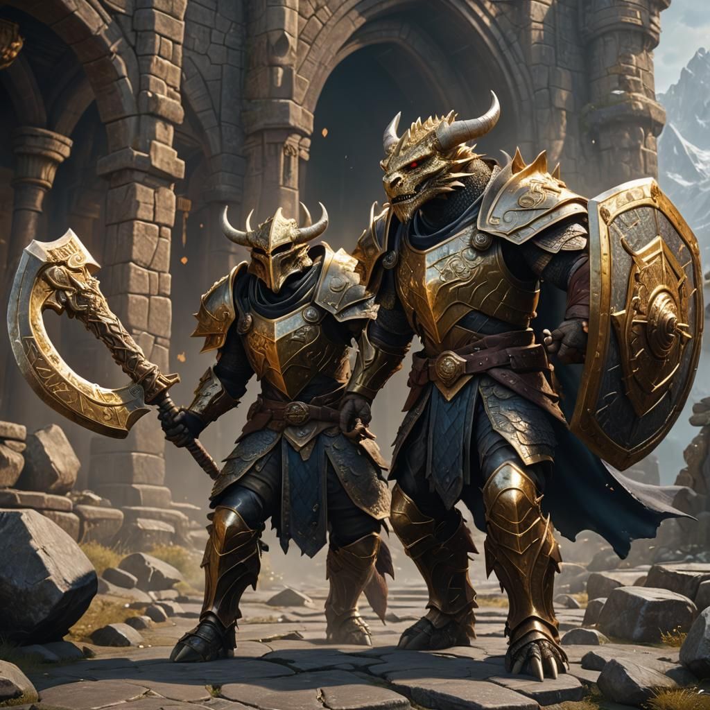 Gold Dragonborn Warrior with Magical War Hammer