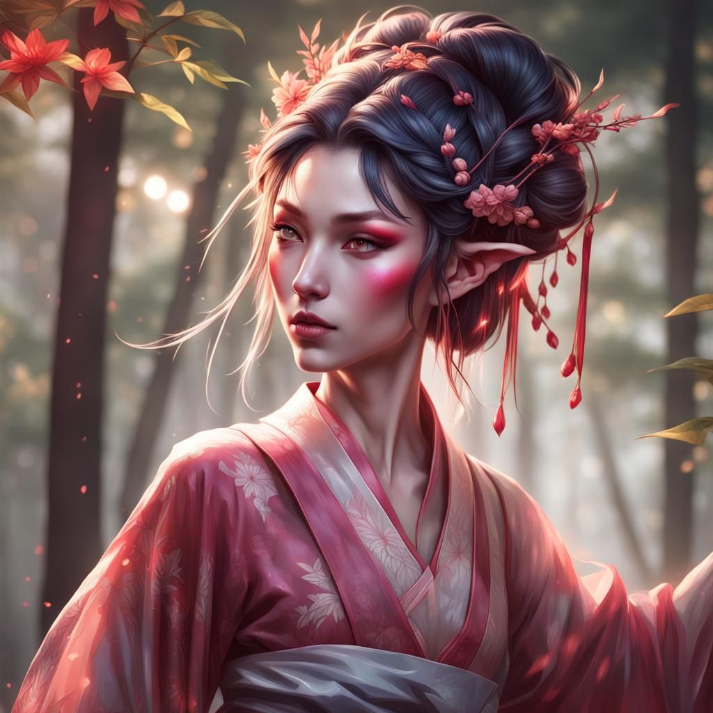 Elven Geisha Dancing in Heavenly Bamboo