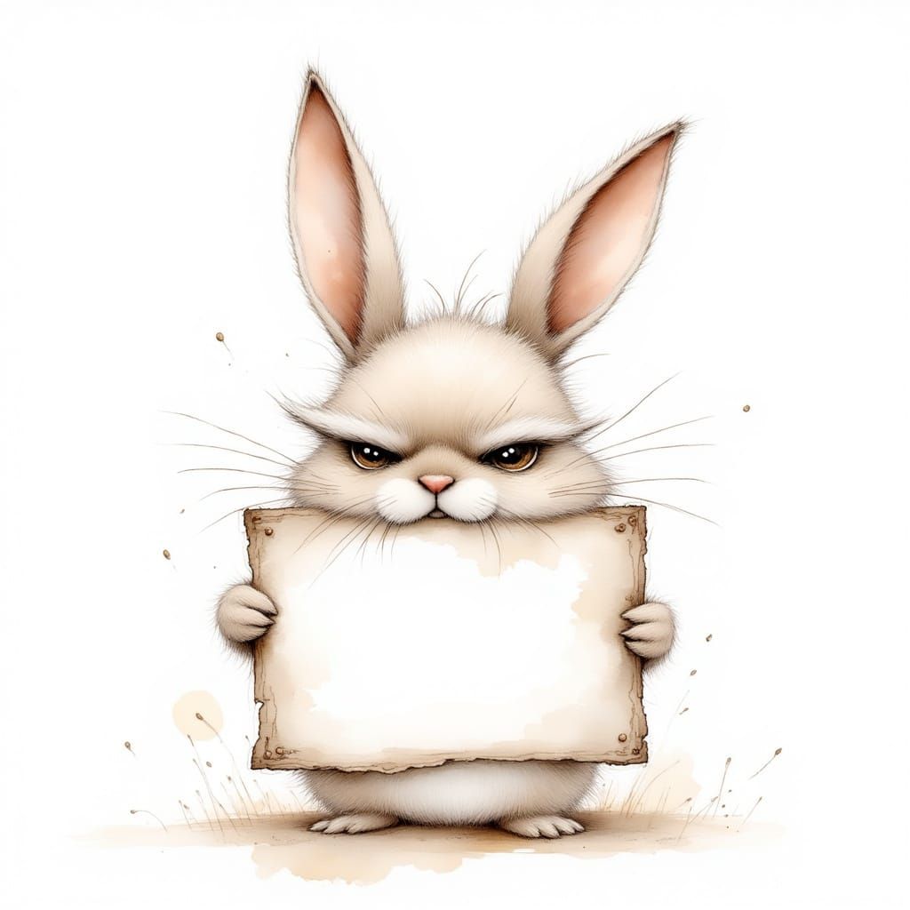 Indignant Rabbit with Blank Sign, Sketch Style Art