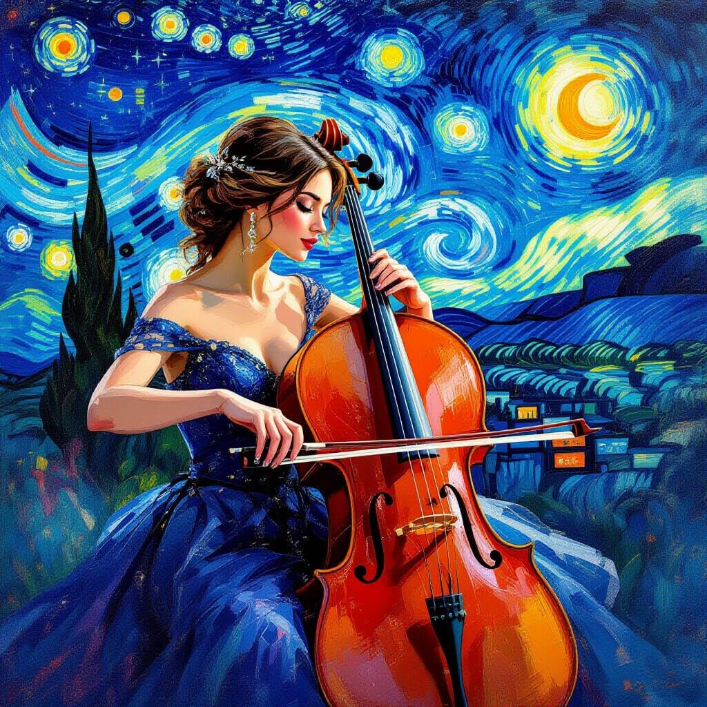 Cellist's Starlit Performance: An Impressionistic Expression