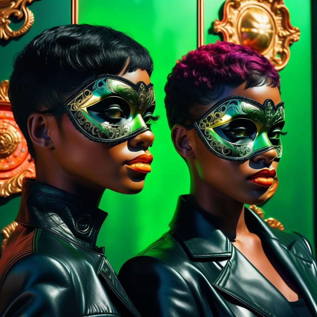 Stylish Women in Masquerade Masks, Synthwave Digital Art