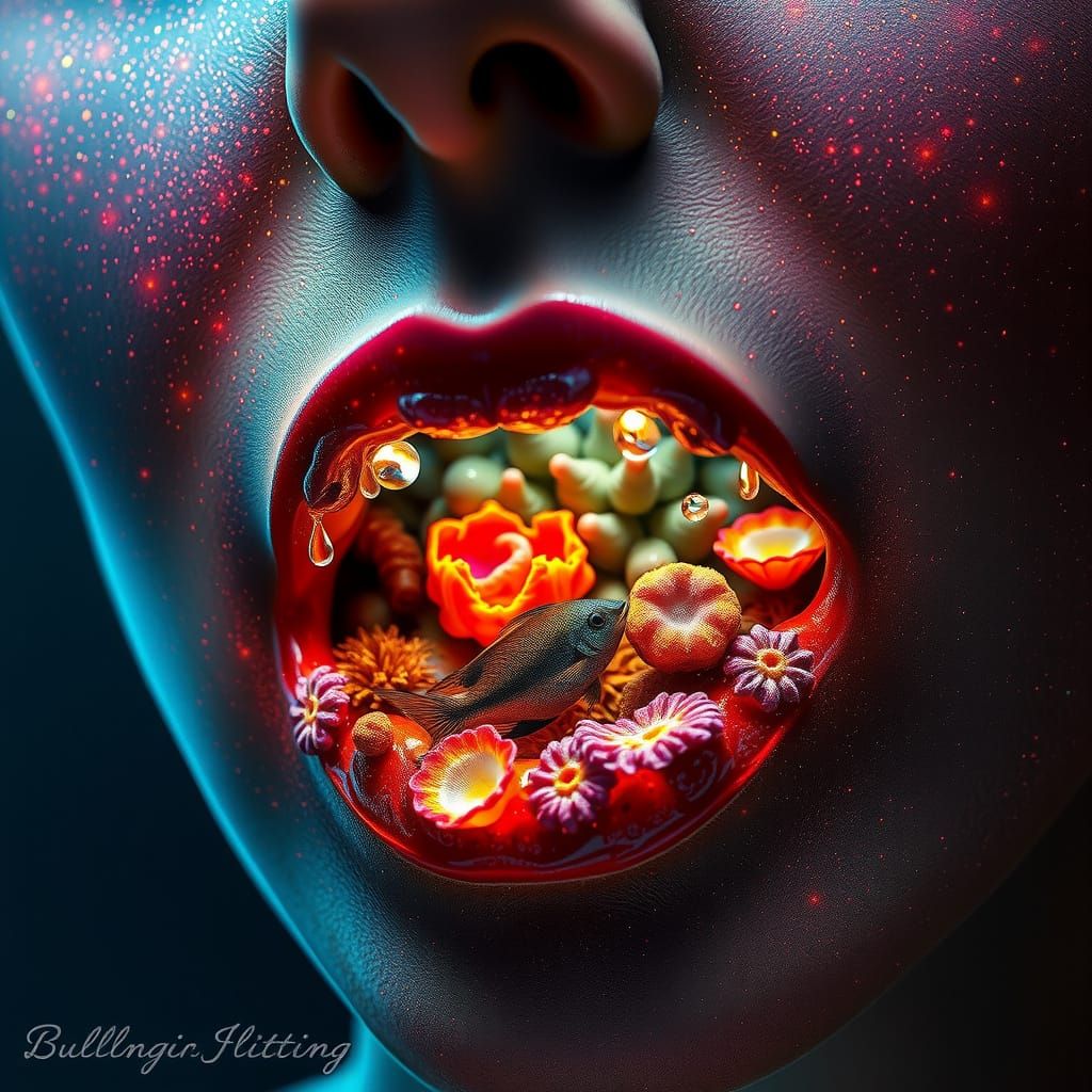 Surreal Portrait in Cosmic Skin with Deep-Sea Ecosystem Lips