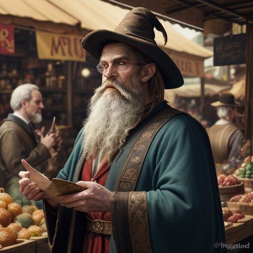 Fantasy Illustration of Rincewind in Bustling Market