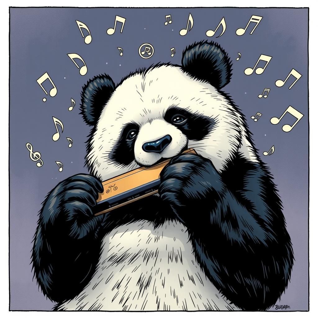 Panda Plays Harmonica in Comic Book Art Style